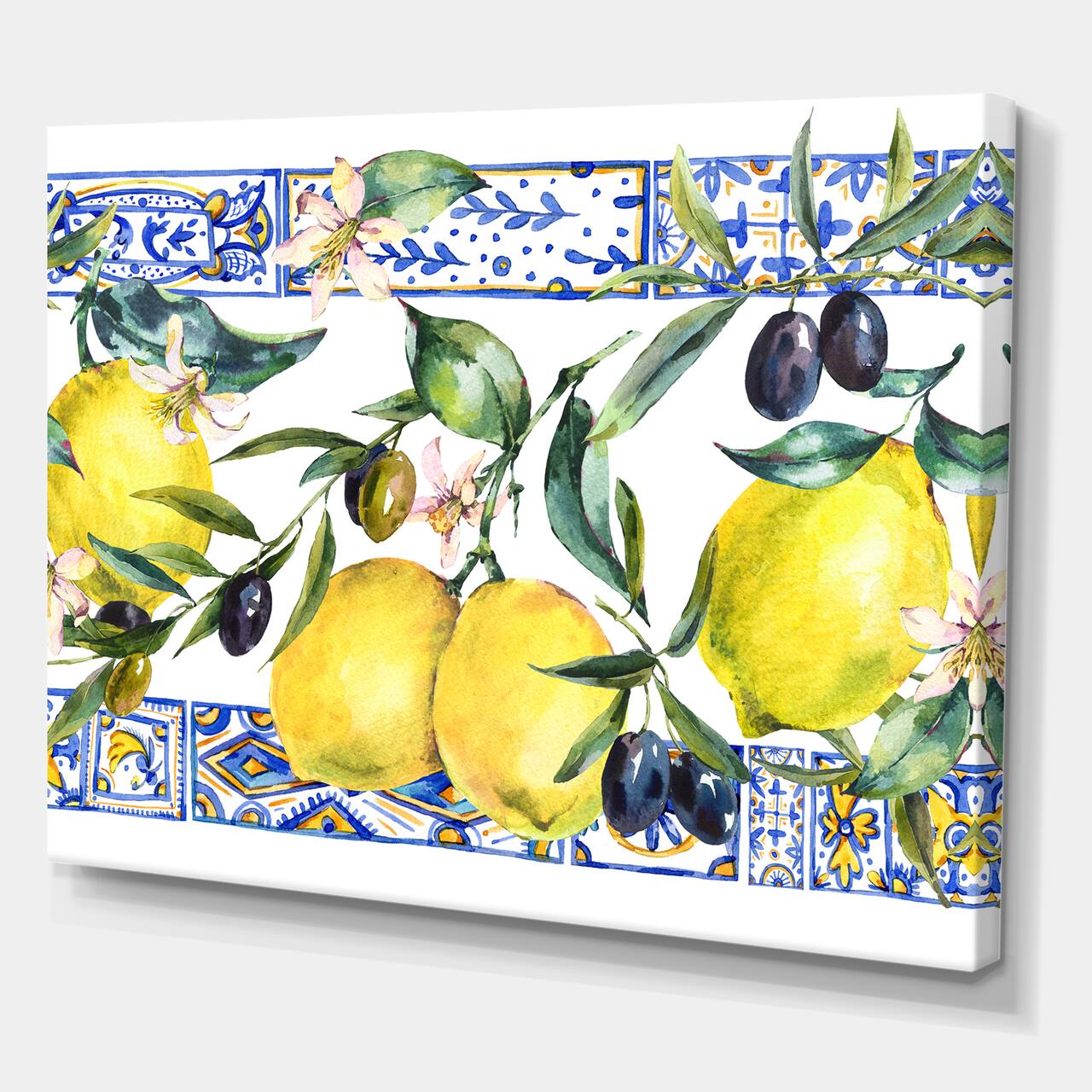 Designart - Lemon Ornament On Blue Geometrical Pattern II - Tropical Canvas Wall Art Print